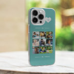 Coque Pour iPhone 14 Élégant monogramme 9 photo collage<br><div class="desc">Ajoutez neuf images famille,  enfants,  animaux domestiques ou meilleures amies et créez votre propre étui photo-collage avec votre nom monogramme initial dans un coeur blanc sur un arrière - plan vert turquoise.                  Facile à personnaliser avec vos images et votre lettre de carré personnalisées</div>