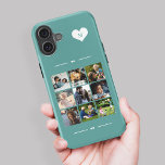 Coques iPhone 16 Élégant monogramme 9 photo collage<br><div class="desc">Ajoutez neuf images famille,  enfants,  animaux domestiques ou meilleures amies et créez votre propre étui photo-collage avec votre nom monogramme initial dans un coeur blanc sur un arrière - plan vert turquoise.                  Facile à personnaliser avec vos images et votre lettre de carré personnalisées</div>