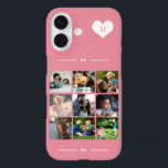Coques iPhone 16 Élégant monogramme 9 photo collage rose<br><div class="desc">Ajoutez neuf images famille,  enfants,  animaux de compagnie ou meilleures amies et créez votre propre étui photo collage téléphone avec votre nom monogramme initial à l'intérieur d'un coeur blanc sur un arrière - plan rose.                  Facile à personnaliser avec vos images et votre lettre de carré personnalisées</div>