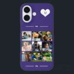 Coques iPhone 16 Élégant monogramme 9 photo collage violet<br><div class="desc">Ajoutez neuf images famille,  enfants,  animaux de compagnie ou meilleurs amis et créez votre propre étui photo-collage téléphone avec votre nom monogramme initial dans un coeur blanc sur un arrière - plan violet.                  Facile à personnaliser avec vos images et votre lettre de carré personnalisées</div>