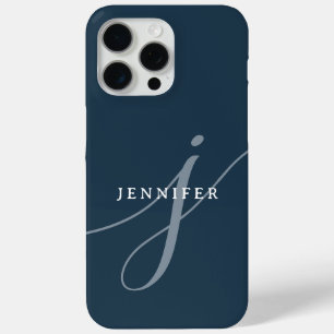 Coque iPhone 15 Pro Max Élégant Monogramme bleu marine Dusty
