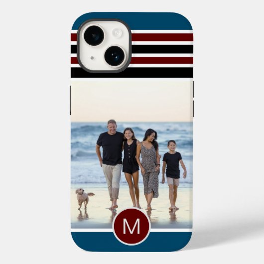 Coques Case-Mate iPhone Élégant Monogramme bleu rayé personnalisé Photo (Verso)