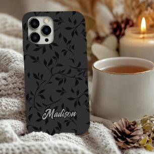 Coques iPhone 16 Élégant Monogramme Botanique Feuilles Noir Gris