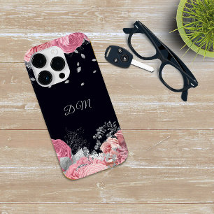 Coque Pour iPhone 14 Pro Élégant Monogramme de feuille d'argent rose