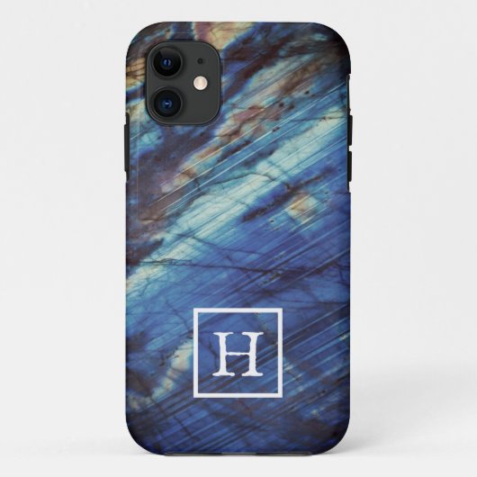 Coques Case-Mate iPhone Élégant monogramme de labradorite bleu foncé (Dos)