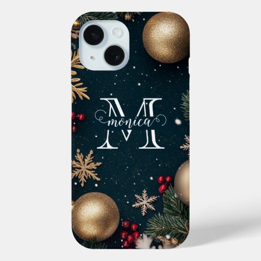 Coques Case-Mate iPhone Élégant Monogramme de Noël bleu foncé (Verso)