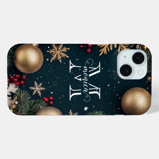 Coques Case-Mate iPhone Élégant Monogramme de Noël bleu foncé (Verso (horizontal))