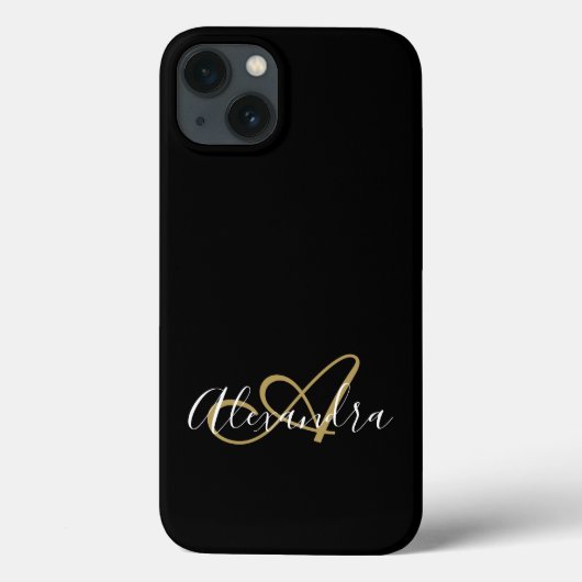 Coques Case-Mate iPhone Élégant monogramme de script doré noir féminin (Verso)