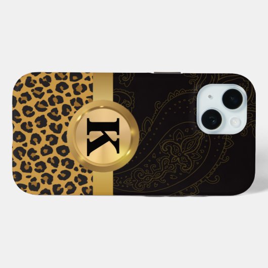 Coques Case-Mate iPhone Élégant Monogramme Empreinte de léopard d'or noir (Verso (horizontal))