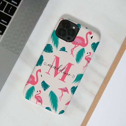 Coques Case-Mate iPhone Élégant Monogramme Feuille Tropical Flamant rose r