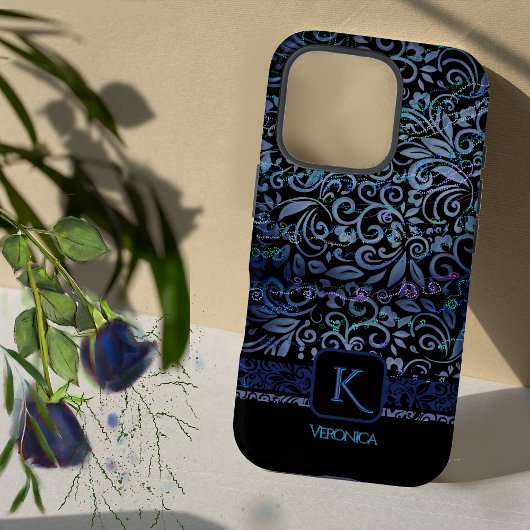 Coques Case-Mate iPhone Élégant Monogramme Floral Bleu Noir