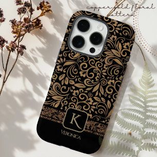 Coques iPhone 16 Pro Élégant Monogramme floral noir et cuivre