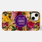 Coques Case-Mate iPhone Élégant monogramme jaune de fleurs roses (Verso (horizontal))