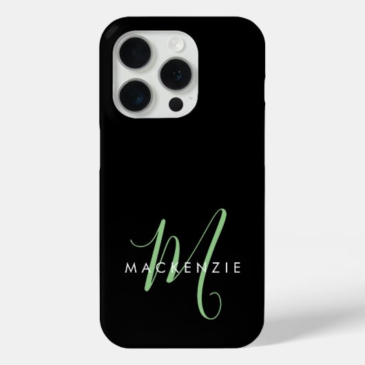 Coques Case-Mate iPhone Élégant Monogramme moderne noir vert Script (Verso)