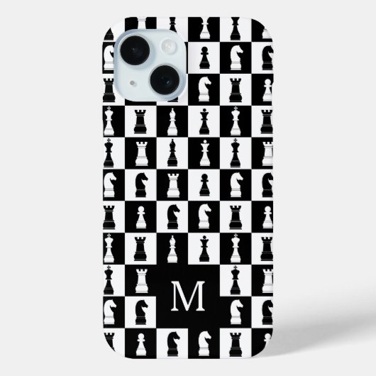 Coques Case-Mate iPhone Élégant Monogramme Motif d'échecs noir et blanc (Verso)