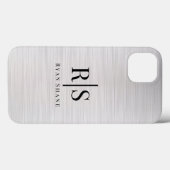 Coques Case-Mate iPhone Élégant Monogramme noir & Nom, Argent brossé (Verso (horizontal))