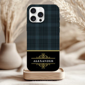 Coques Case-Mate iPhone Élégant monogramme noir or à carreaux gris