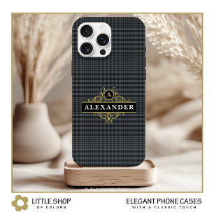 Coque Pour iPhone 15 Élégant monogramme noir or carreau Glen plaid