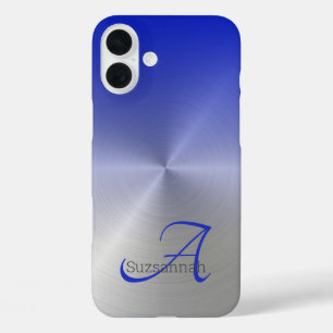 Coques iPhone 16 Plus Élégant Monogramme Nom Bleu Ombre Faux Métal