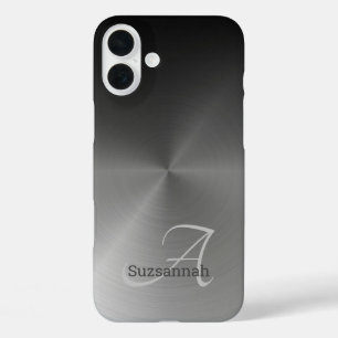 Coques iPhone 16 Plus Élégant Monogramme Nom Métal Faux Ombre Noir