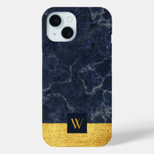 Coque Pour iPhone 15 Élégant Monogramme Or Marbre Bleu
