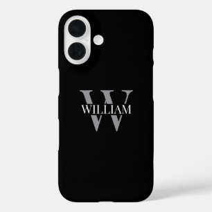 Coques iPhone 16 Élégant monogramme personnalisé noir & gris blanc