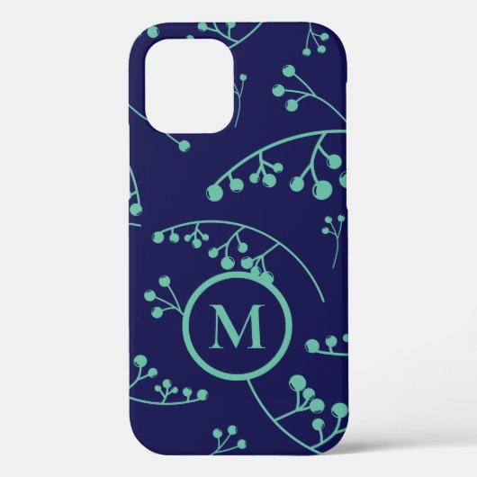 Coques Case-Mate iPhone Élégant monogramme turquoise motif de baies vertes (Verso)