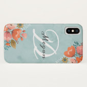 Coques Case-Mate iPhone Élégant Monogramme Turquoise rose floral (Dos (Horizontal))