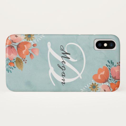 Coques Case-Mate iPhone Élégant Monogramme Turquoise rose floral (Dos (Horizontal))