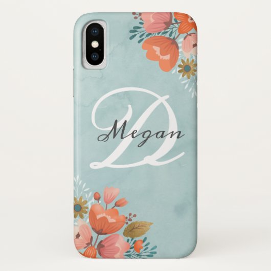 Coques Case-Mate iPhone Élégant Monogramme Turquoise rose floral (Dos)