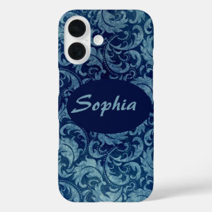 Coques iPhone 16 Elégant motif de Damas Vintage bleu