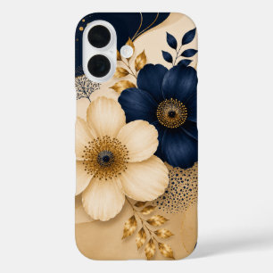 Coques iPhone 16 Élégant motif floral botanique bleu marine et or
