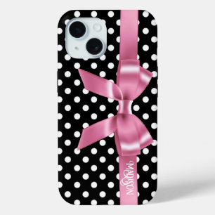 Coque Pour iPhone 15 élégant noir blanc à petits pois arc rose