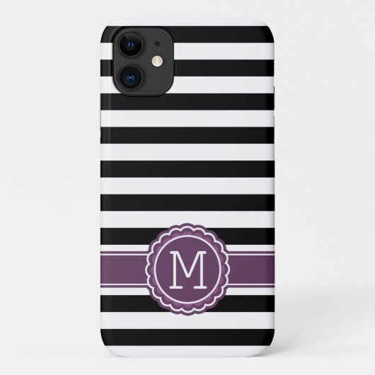 Coques Case-Mate iPhone Élégant noir blanc rayures violet monogramme (Dos)