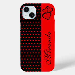 Coque iPhone 15 Mini Élégant Noir et Coeurs rouges Motif Nom Modèle