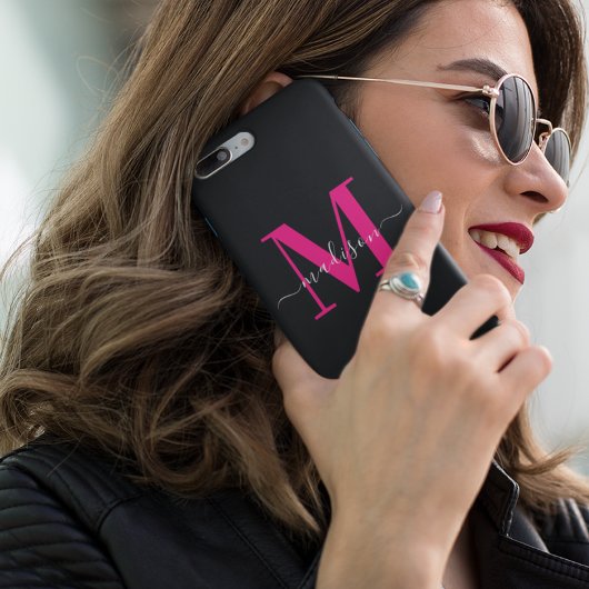 Coques Case-Mate iPhone Élégant noir et gras rose chaud Monogramme initial