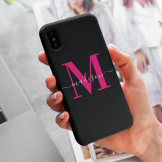 Coques Case-Mate iPhone Élégant noir et gras rose chaud Monogramme initial