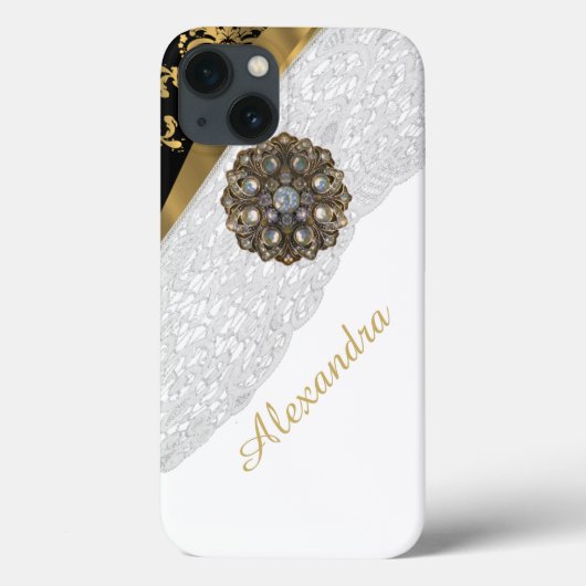 Coques Case-Mate iPhone élégant noir et or blanc dentelle (Verso)