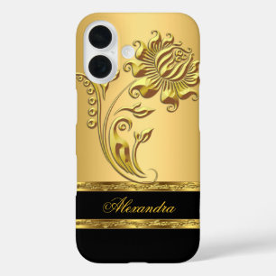 Coques iPhone 16 Élégant Noir et Or sur Fleur Dorée