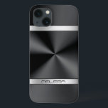 Coques Pour iPhone Élégant noir métal imprimé argent Accent<br><div class="desc">Élégante impression de texture métallique noire brillante,  look en acier inoxydable,  accents de rayures argentées et monogramme personnalisé. Design moderne et élégant.</div>