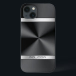Coques Pour iPhone Élégant noir métal imprimé argent Accent<br><div class="desc">Élégante impression de texture métallique noire brillante, look en acier inoxydable, accents de rayures argentées et monogramme personnalisé. Design moderne et élégant.</div>