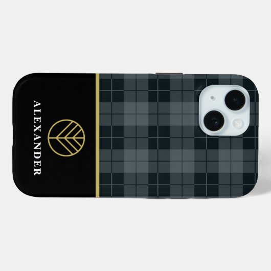 Coques Case-Mate iPhone Elégant Noir Monogramme Gris Tartan Plaid (Verso (horizontal))