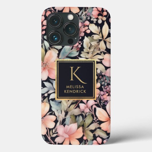 Coques Case-Mate iPhone Élégant noir rose floral Aquarelle Nom (Verso)