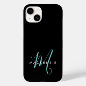 Coques Case-Mate iPhone Élégant Noir Turquoise Script Monogramme moderne (Verso)