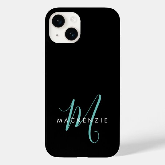 Coques Case-Mate iPhone Élégant Noir Turquoise Script Monogramme moderne (Verso)