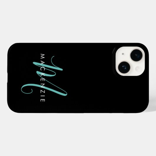 Coques Case-Mate iPhone Élégant Noir Turquoise Script Monogramme moderne (Verso (horizontal))