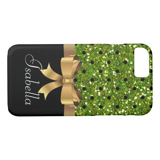 Coques Case-Mate iPhone Élégant noir vert pois or arc monogramme (Dos (Horizontal))