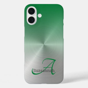 Coques iPhone 16 Plus Élégant nom de monogramme Ombre vert Faux métal