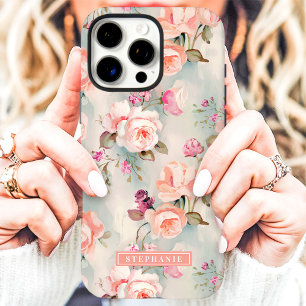 Coques iPhone 16 Pro Max Élégant Nom Floral Rose et Pêche