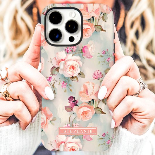 Coques Case-Mate iPhone Élégant Nom Floral Rose et Pêche